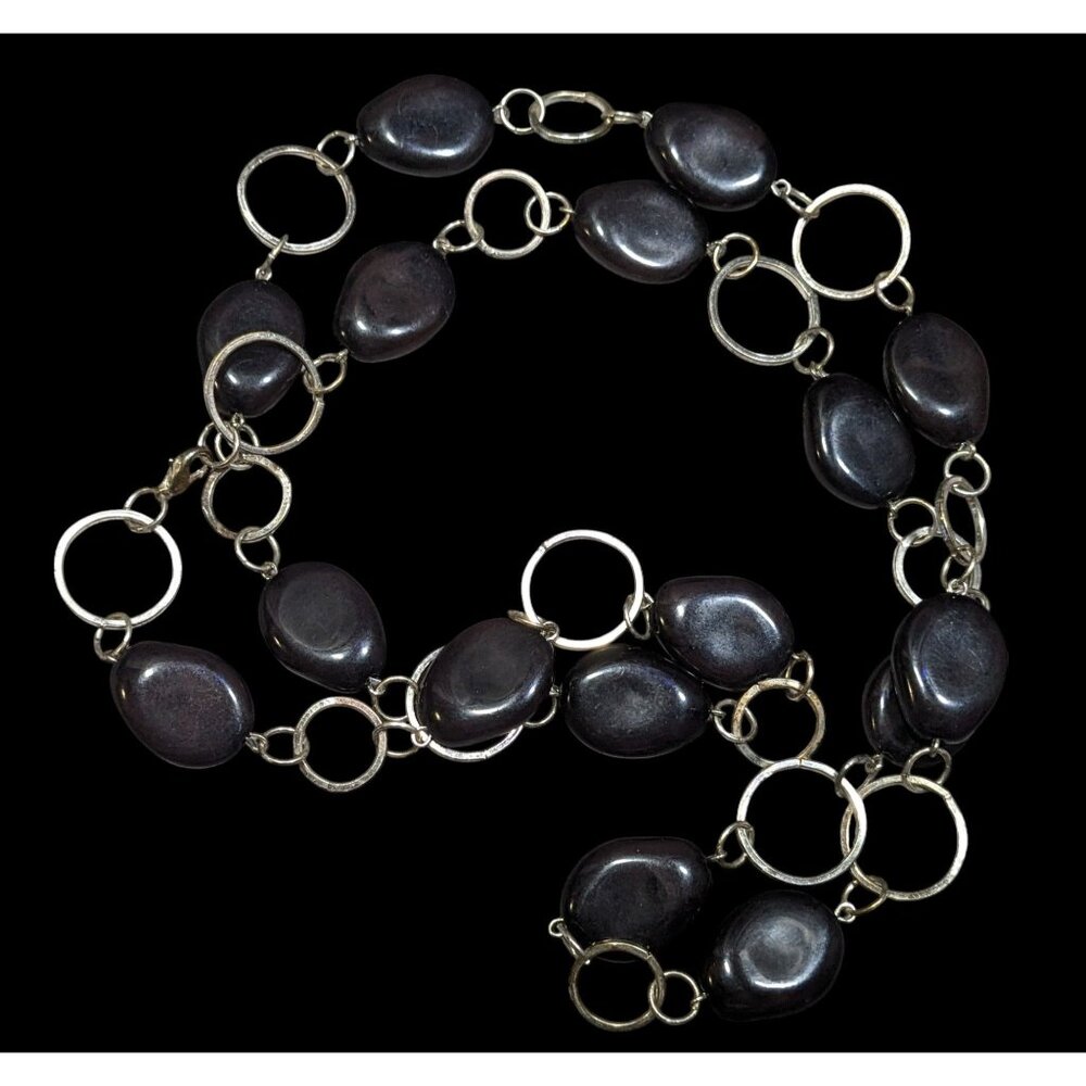 Black Beaded Silver Tone Ring Chain Opera Necklace